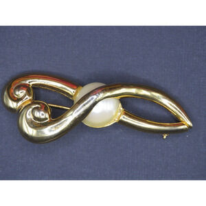 Vintage Brooch Swirl Pin Gold Tone With Faux Pearl 3" With Gift Box